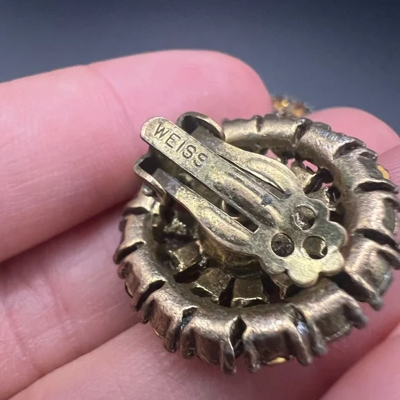 VTG 50'S SIGNED WEISS AMBER ORANGE AB RHINESTONE CLUSTER CLIP-ON EARRINGS - Picture 3 of 5